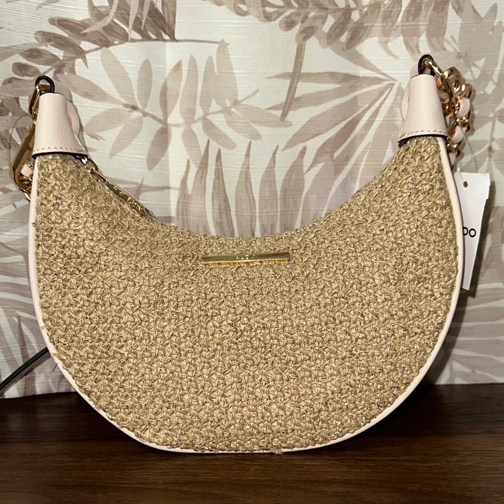 Aldo tweed crescent shoulder bag with pink and gold detailing